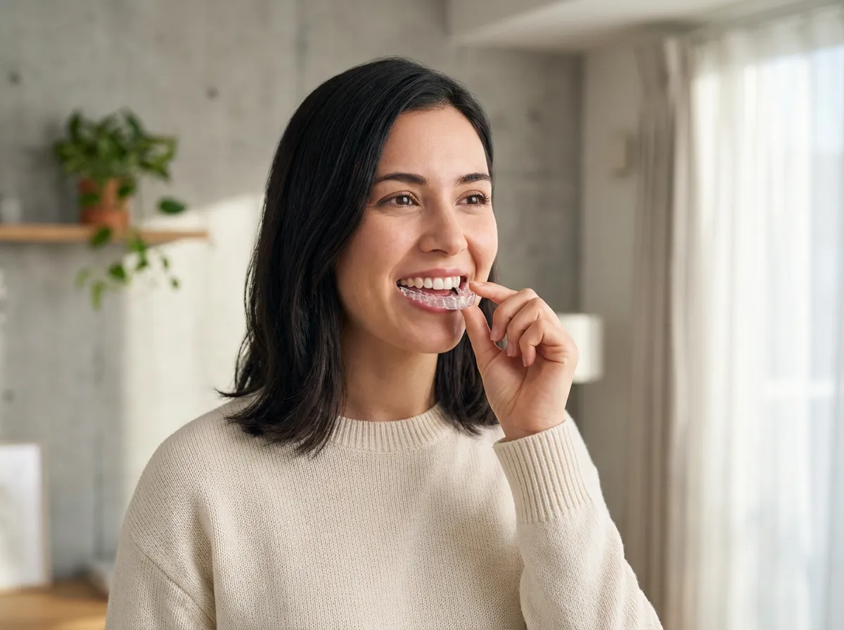 Woman confidently holding a clear Invisalign aligner
